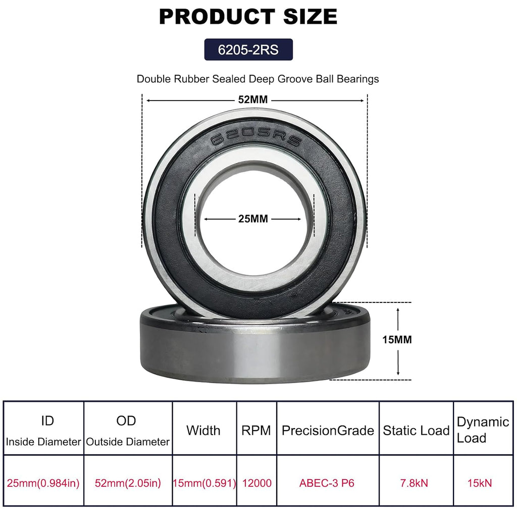 10 Pack 6205-2RS Double Rubber Seal Deep Groove Ball Bearings 25x52x15mm Pre-Lubricated and Stable Performance and Cost Effective Bearings (6205-RS)