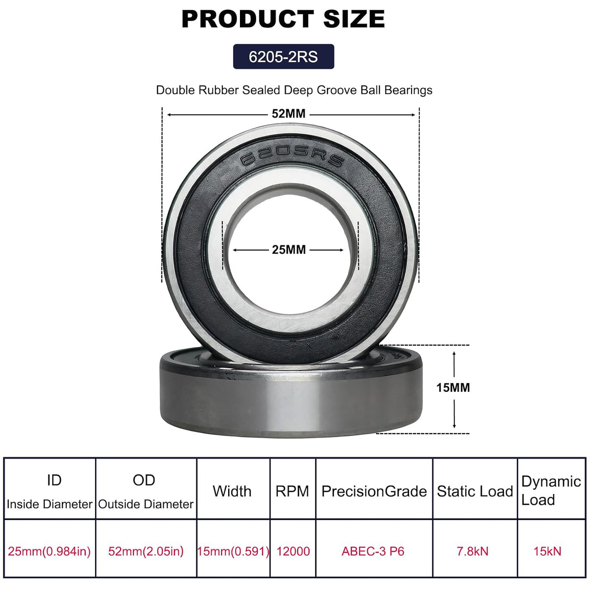 10 Pack 6205-2RS Double Rubber Seal Deep Groove Ball Bearings 25x52x15mm Pre-Lubricated and Stable Performance and Cost Effective Bearings (6205-RS)