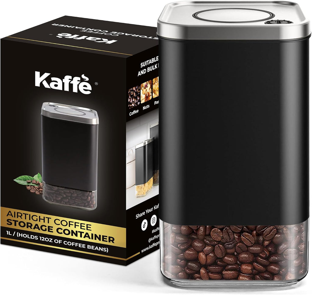 Kaffe Glass Coffee Canister (12oz) w/Airtight Lid - Click to Release Seal - BPA Free Glass & Stainless Steel
