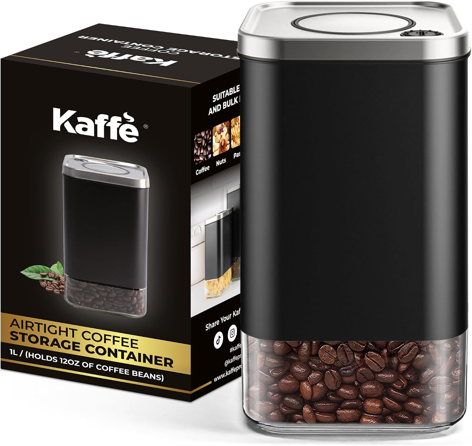 Kaffe Glass Coffee Canister (12oz) w/Airtight Lid - Click to Release Seal - BPA Free Glass & Stainless Steel