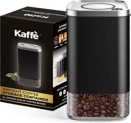Kaffe Glass Coffee Canister (12oz) w/Airtight Lid - Click to Release Seal - BPA Free Glass & Stainless Steel