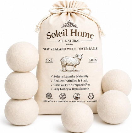 Wool Dryer Balls XL 6-Pack – 100% New Zealand Wool Laundry Balls – Natural Fabric Softener Alternative to Dryer