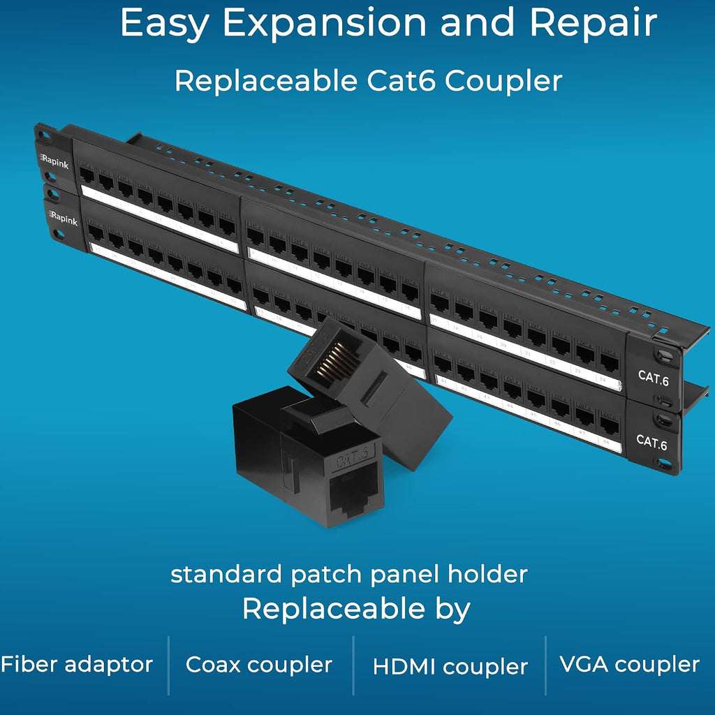 48 Port Cat6 Patch Panel with Inline Keystone 10G Support, Pass-Thru Coupler UTP 19-Inch, Removable Back Bar, 1U