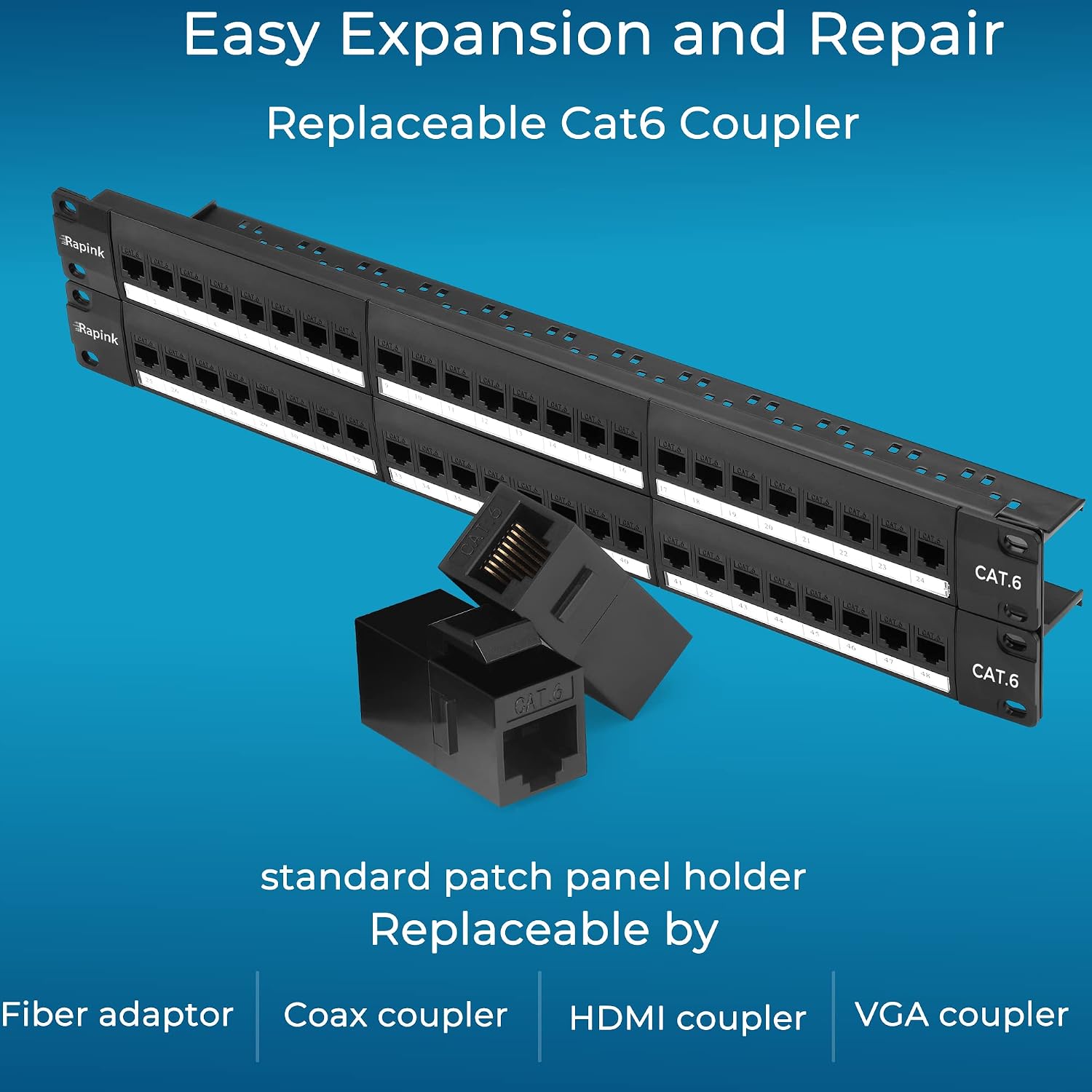 48 Port Cat6 Patch Panel with Inline Keystone 10G Support, Pass-Thru Coupler UTP 19-Inch, Removable Back Bar, 1U