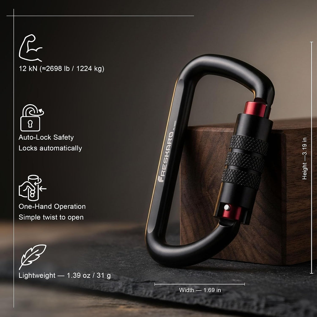 3inch 12kN-2698lbs Auto Locking Carabiner Clips, Solid D Shape, Heavy Duty 7075 Aluminum, Lightweight 1.09oz, Rust