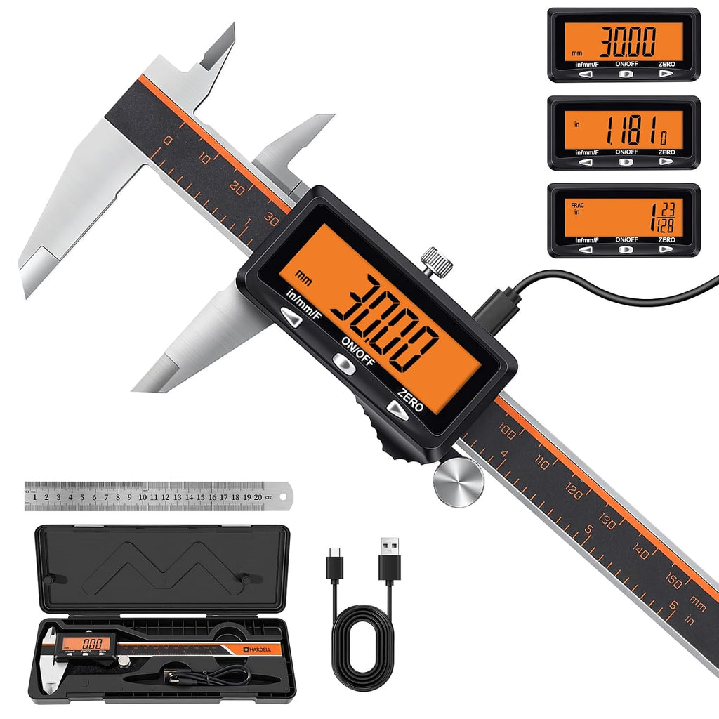 HARDELL Upgraded Digital Caliper, USB-C Calipers, Orange LCD, NonBacklit 6"