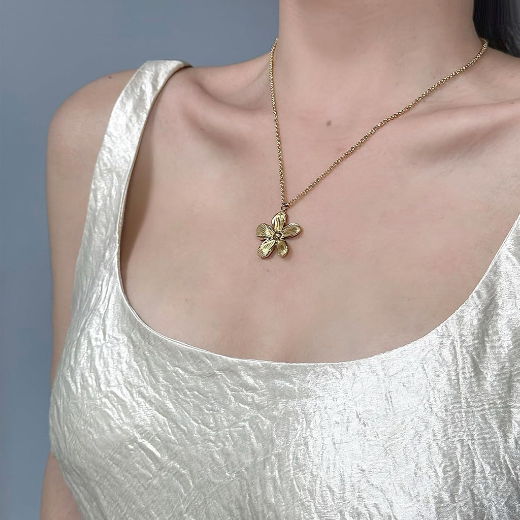 14K Gold Plated Dainty Surgical Hypoallergenic Stainless Steel Floral Pendant Necklace for Women