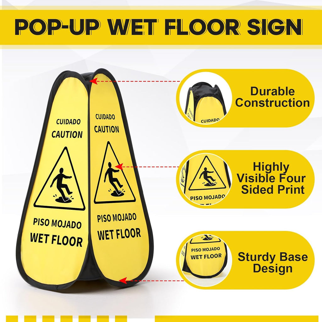 12 Pcs 24 Inches Pop up Wet Floor Sign Yellow 4-sided Foldable Bilingual Caution Wet Floor Sign Safety Warnings
