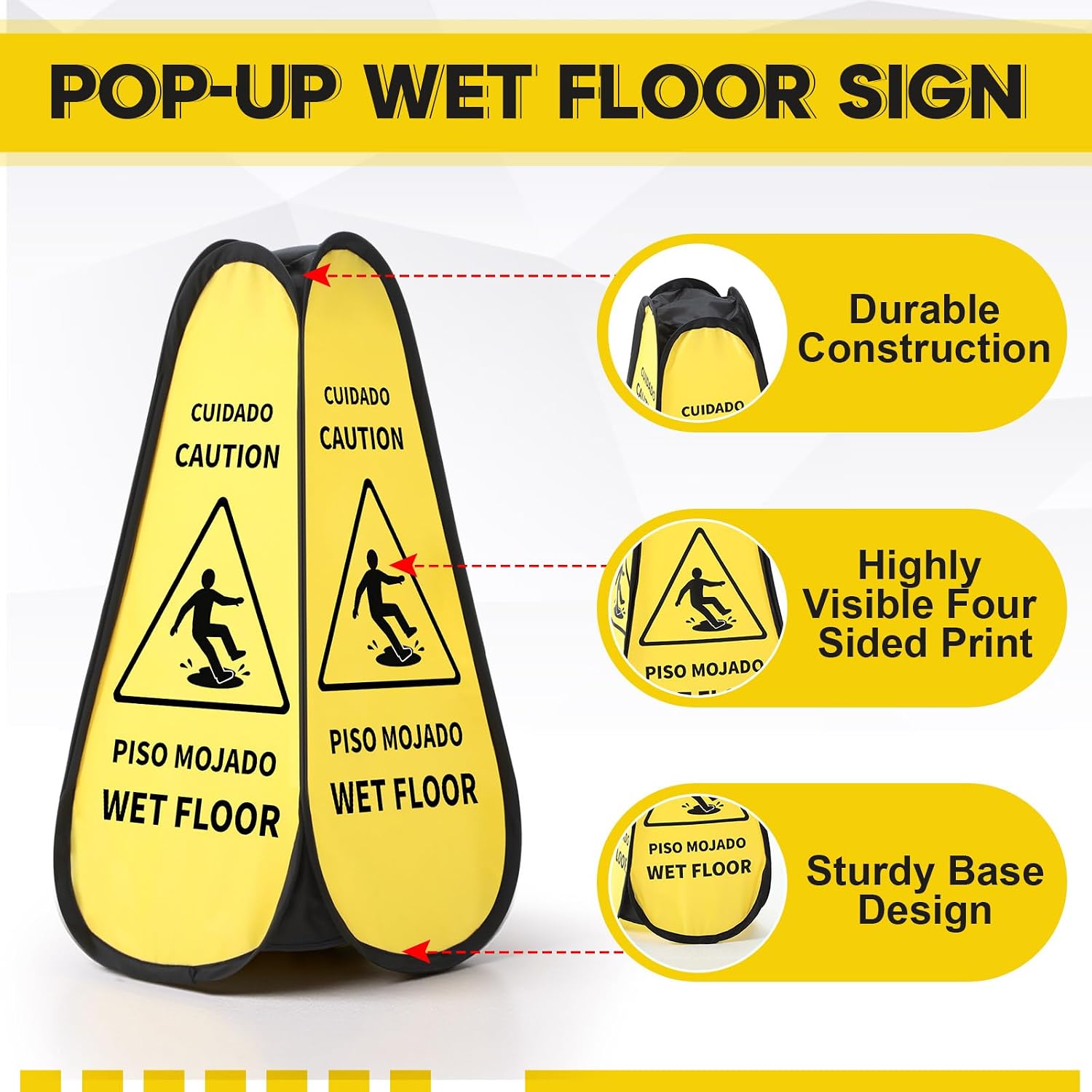 12 Pcs 24 Inches Pop up Wet Floor Sign Yellow 4-sided Foldable Bilingual Caution Wet Floor Sign Safety Warnings