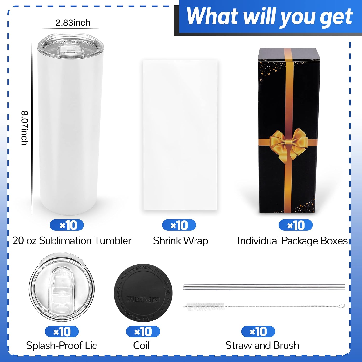 Sublimation Blanks 20 oz Tumblers Bulk 10 Pack Skinny Straight | Mother's Christmas Day Gifts Small Businesses Events