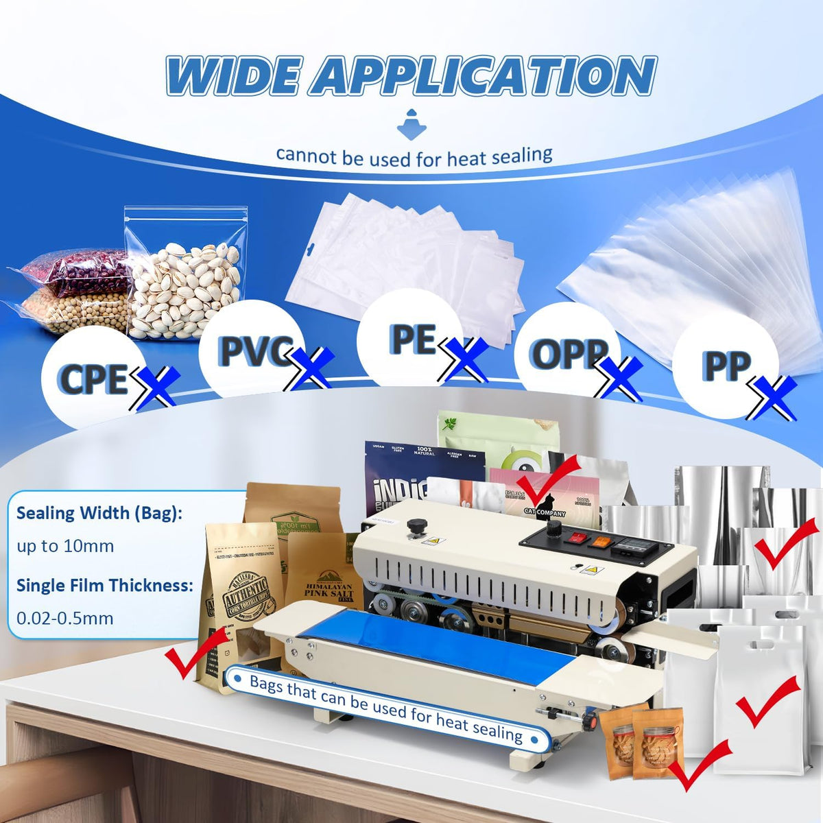 Commercial Heat Sealer Machine, 650W Continuous Bag Band Sealing Machine