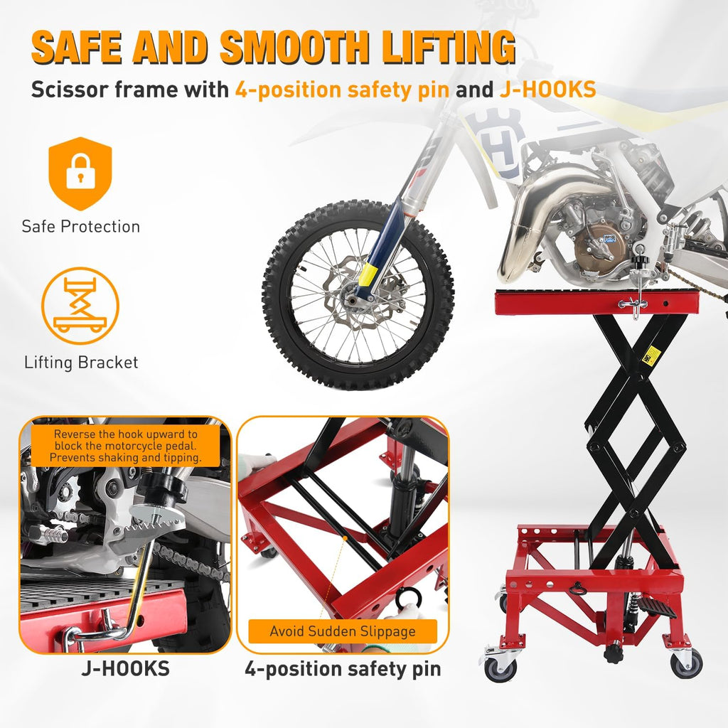 Motorcycle Lift Table Jack 300 LBS Heavy Duty Hydraulic Motorcycle Scissor Jack Lifts Table Foot Pedal with 4 Caster