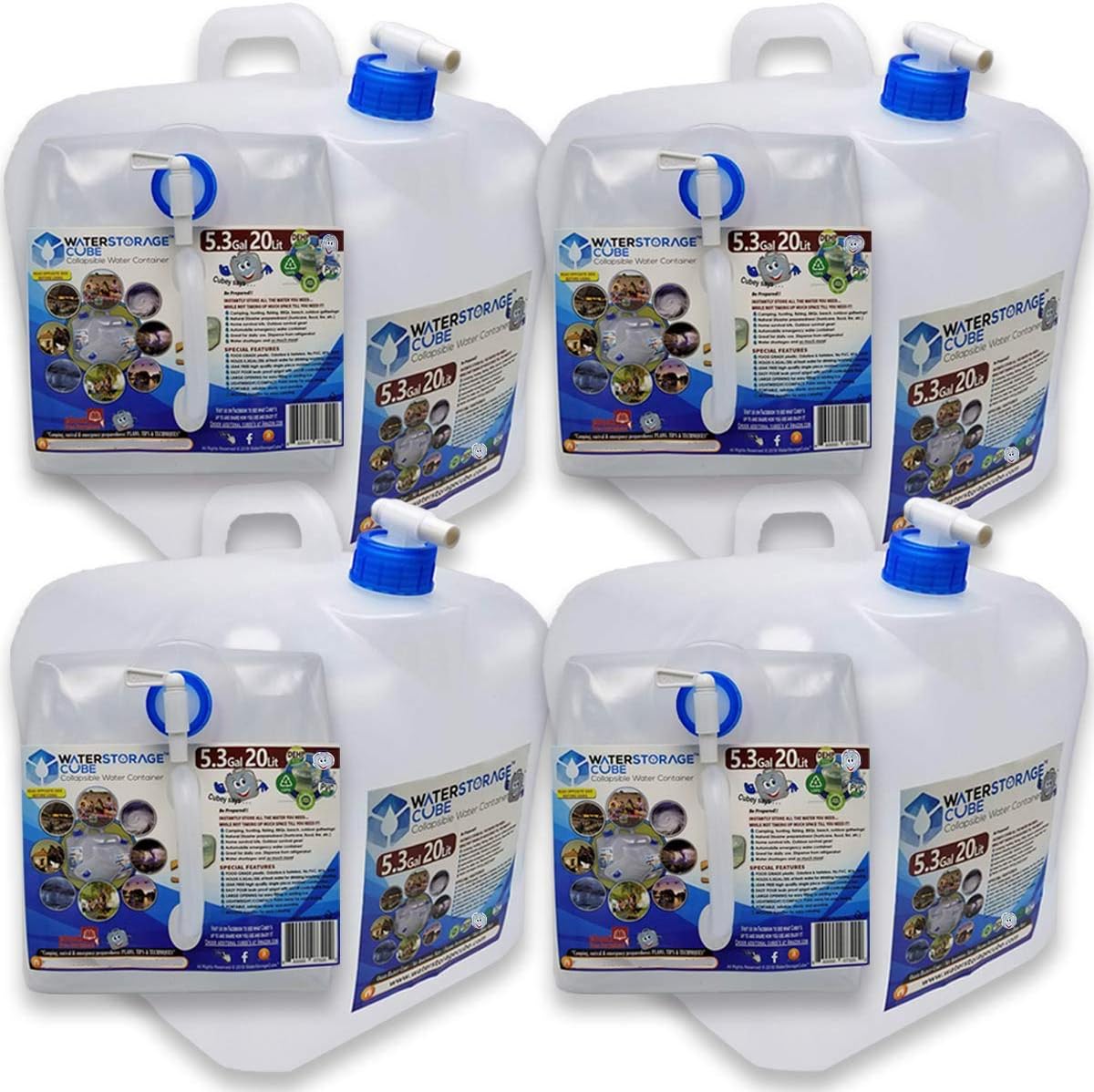 Collapsible Water Container with Spigot (5.3 Gal (4-Pack)) | BPA-Free Camping Water Storage Carrier Jug for Outdoors
