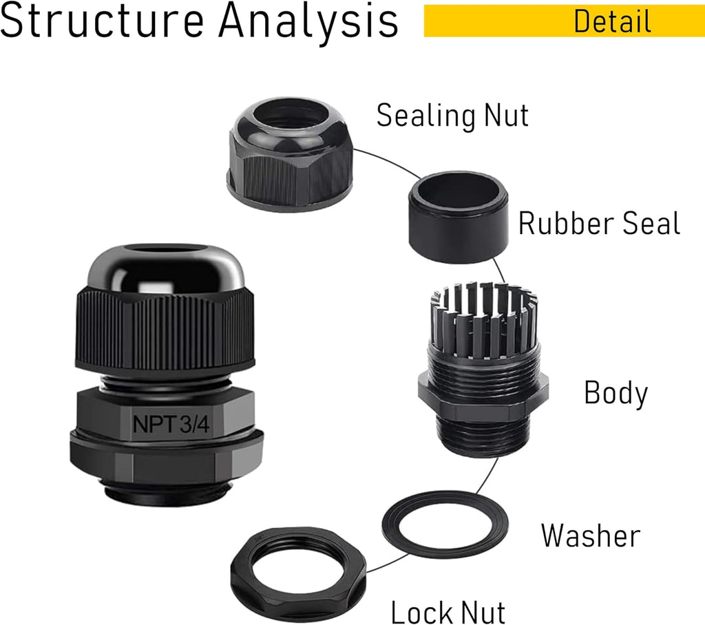 Cable Gland PG7 10 Packs IP68 Waterproof Nylon Cable Connectors with Locknut and Gaskets - Suitable for 3mm - 6.5mm Cables