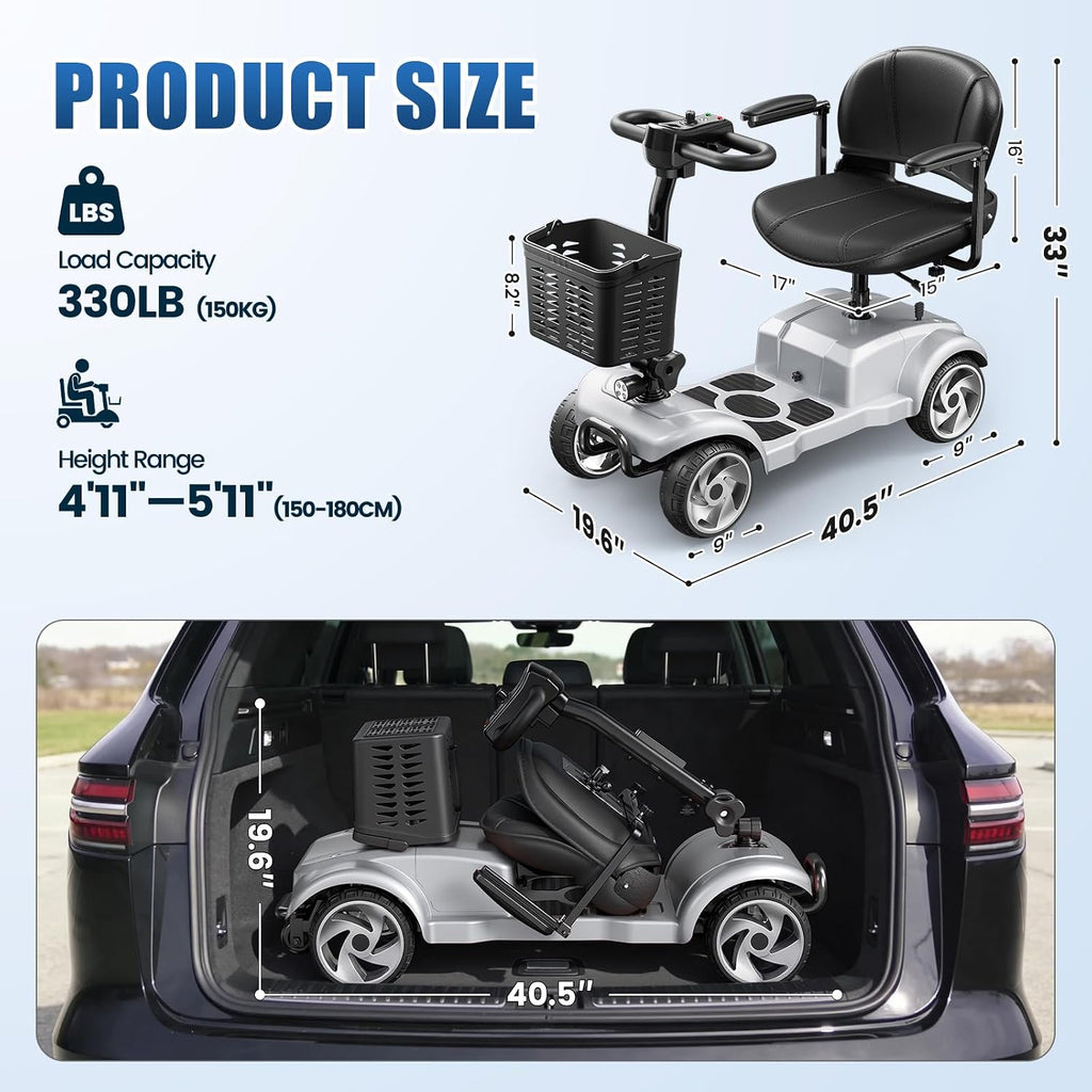 30 Miles Foldable Powered Mobility Scooters for Seniors and Adults, Silver
