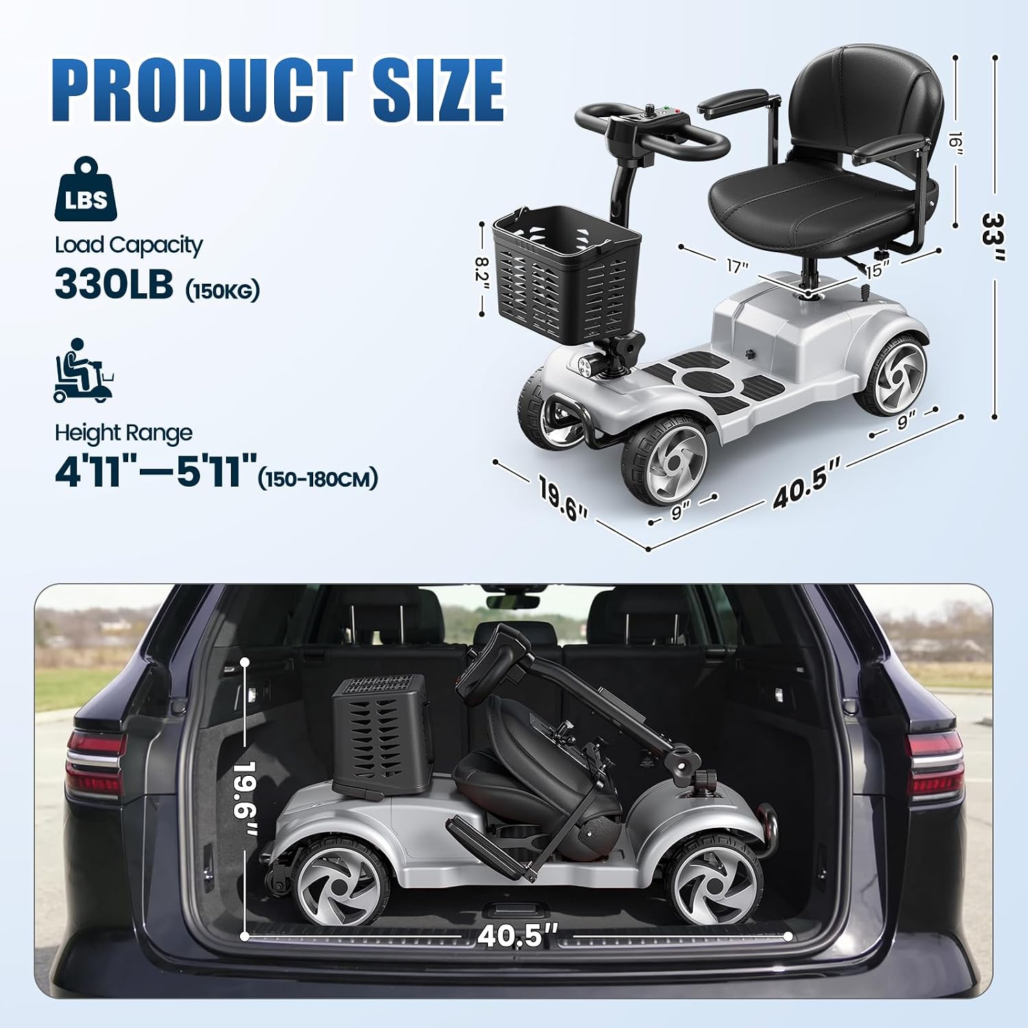 30 Miles Foldable Powered Mobility Scooters for Seniors and Adults, Silver
