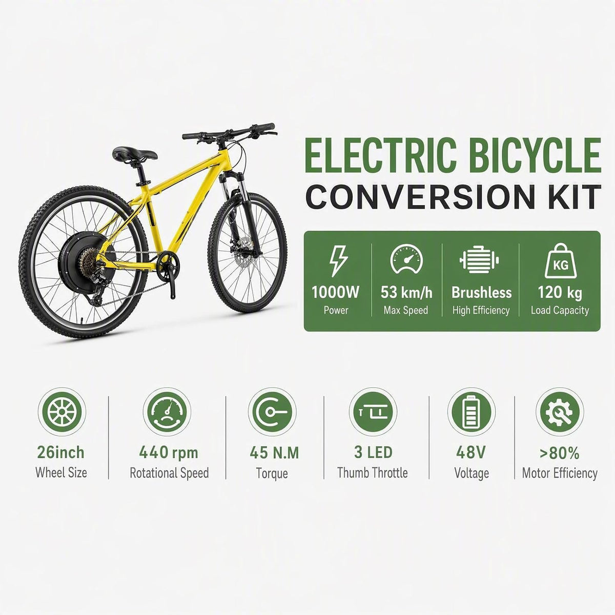 26-Inch Electric Bike Conversion Kit, 48V 1000W Brushless Gearless Rear Hub Motor (440 RPM), with PAS Sensor, Thumb
