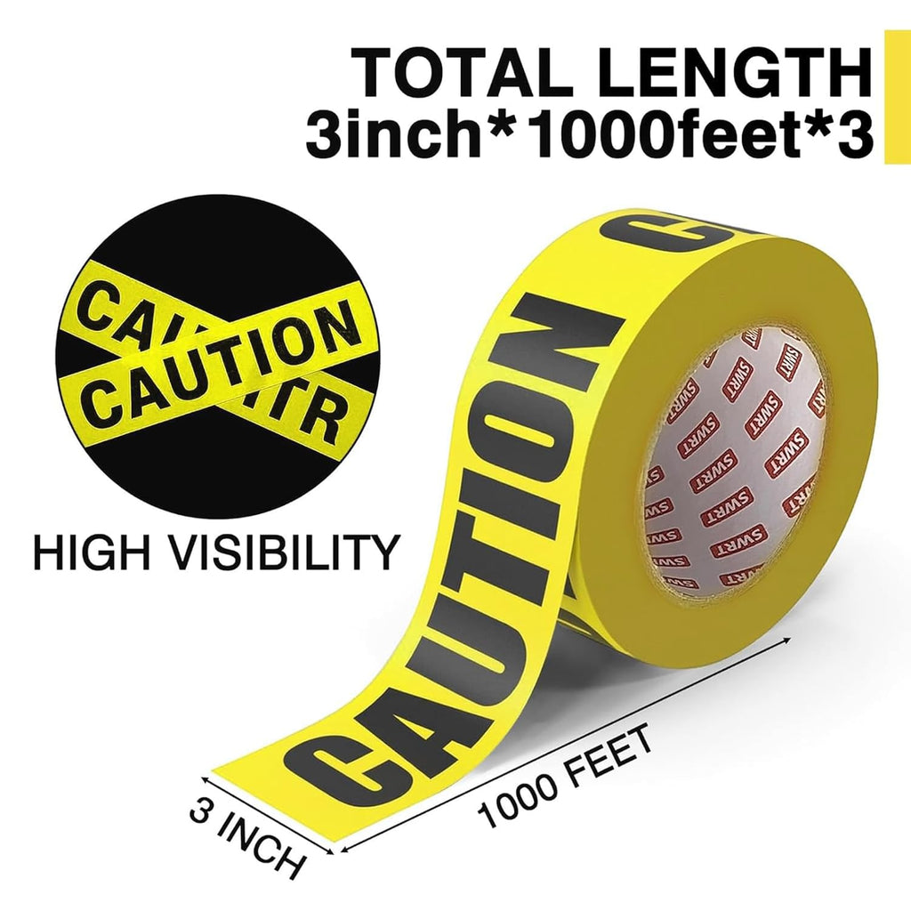 3 Rolls Premium Yellow Caution Tape, 3 Inch x 1000FT(Total 3000FT) | Bright Hazard Tape with Bold Black Text, Danger