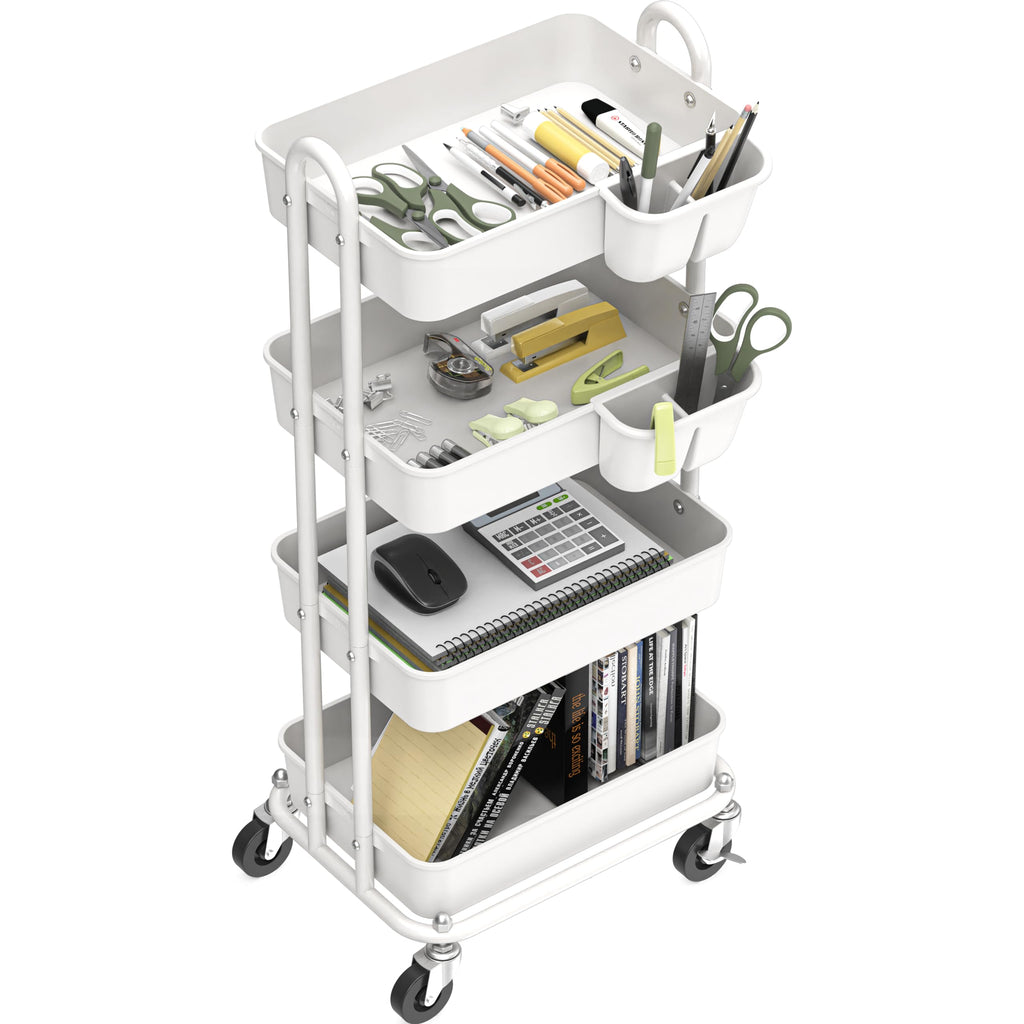 4-Tier Rolling Utility Cart with Hanging Bucket, White