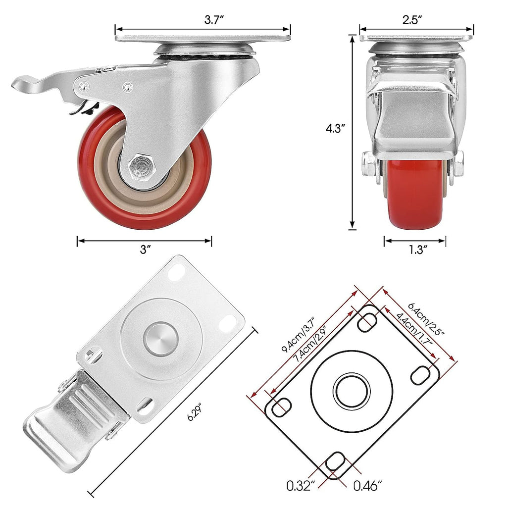3 Inch Industrial Heavy Duty Swivel Caster Wheels with Brake,Set of 4 Safety Locking Casters,Load 1600lbs,Premium