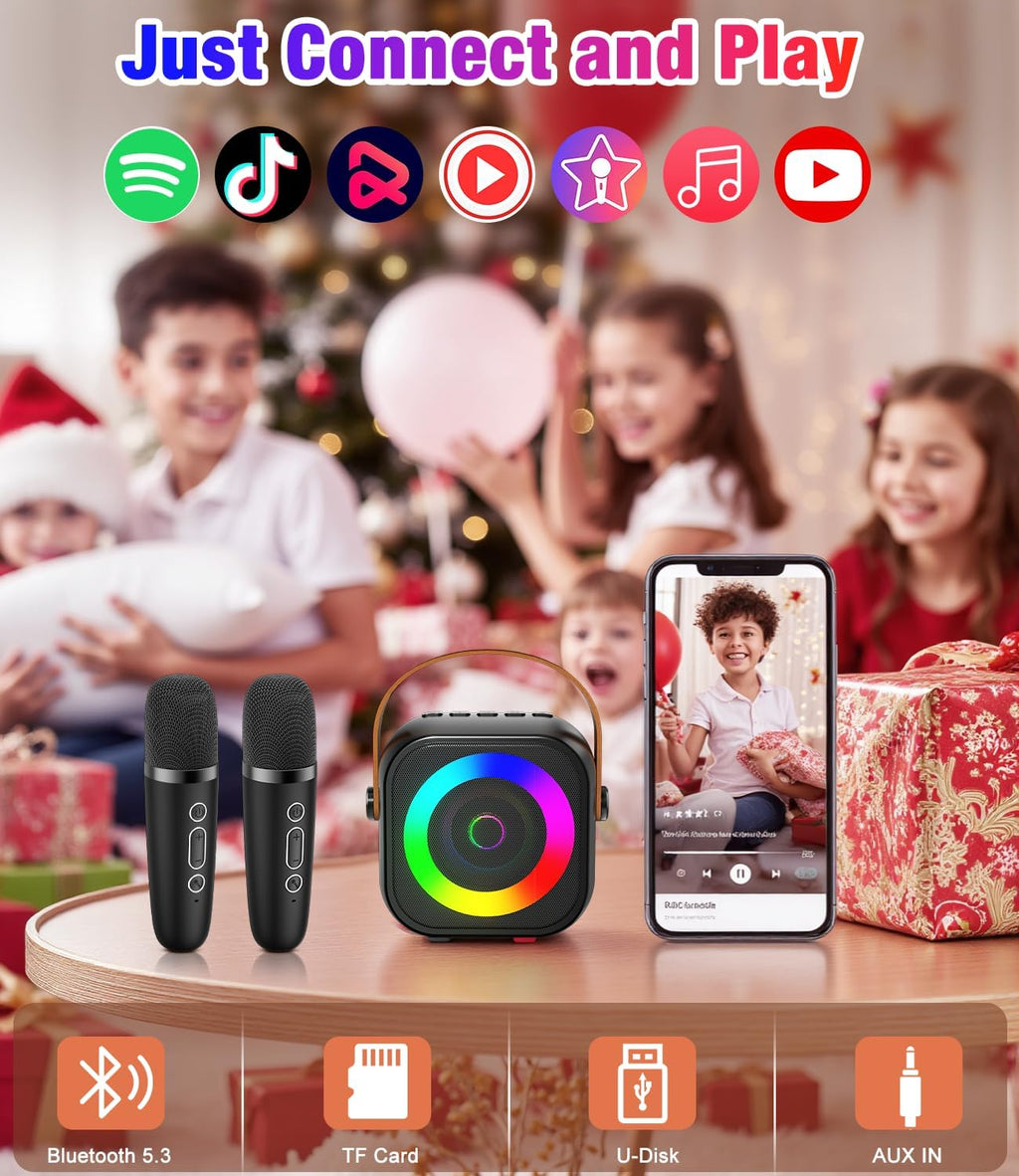 Mini Karaoke Machine, Portable Bluetooth Speaker with 2 Wireless Microphones for Kids & Adults, Karaoke Microphone