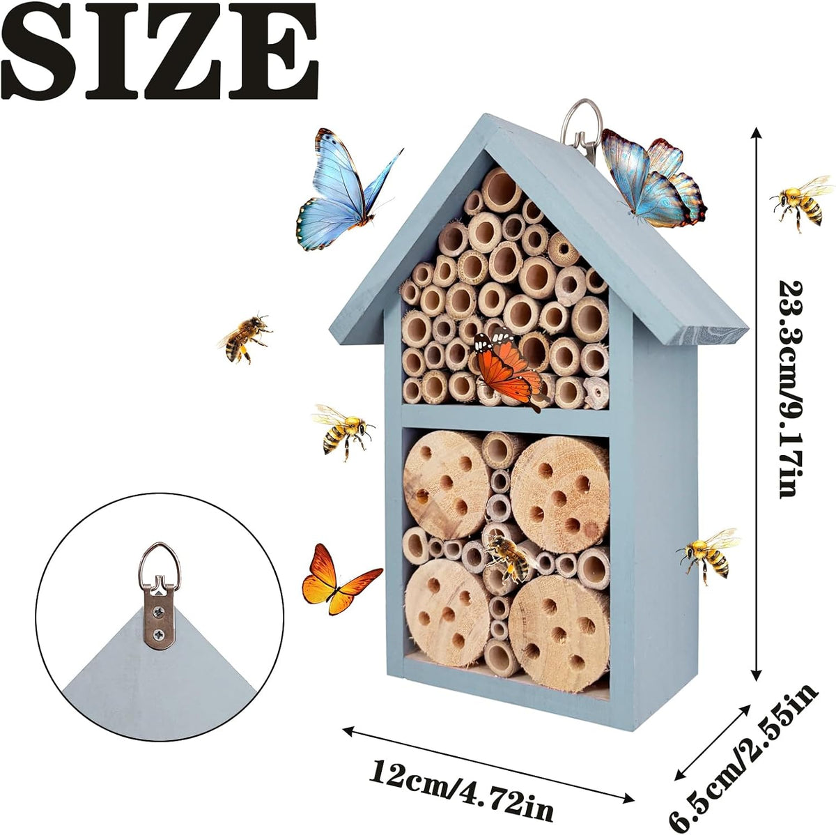 Hanging Bee House Wooden Insect House 9inch–Small Solitary Bee Hive for Garden, Beneficial Insect Habitat for