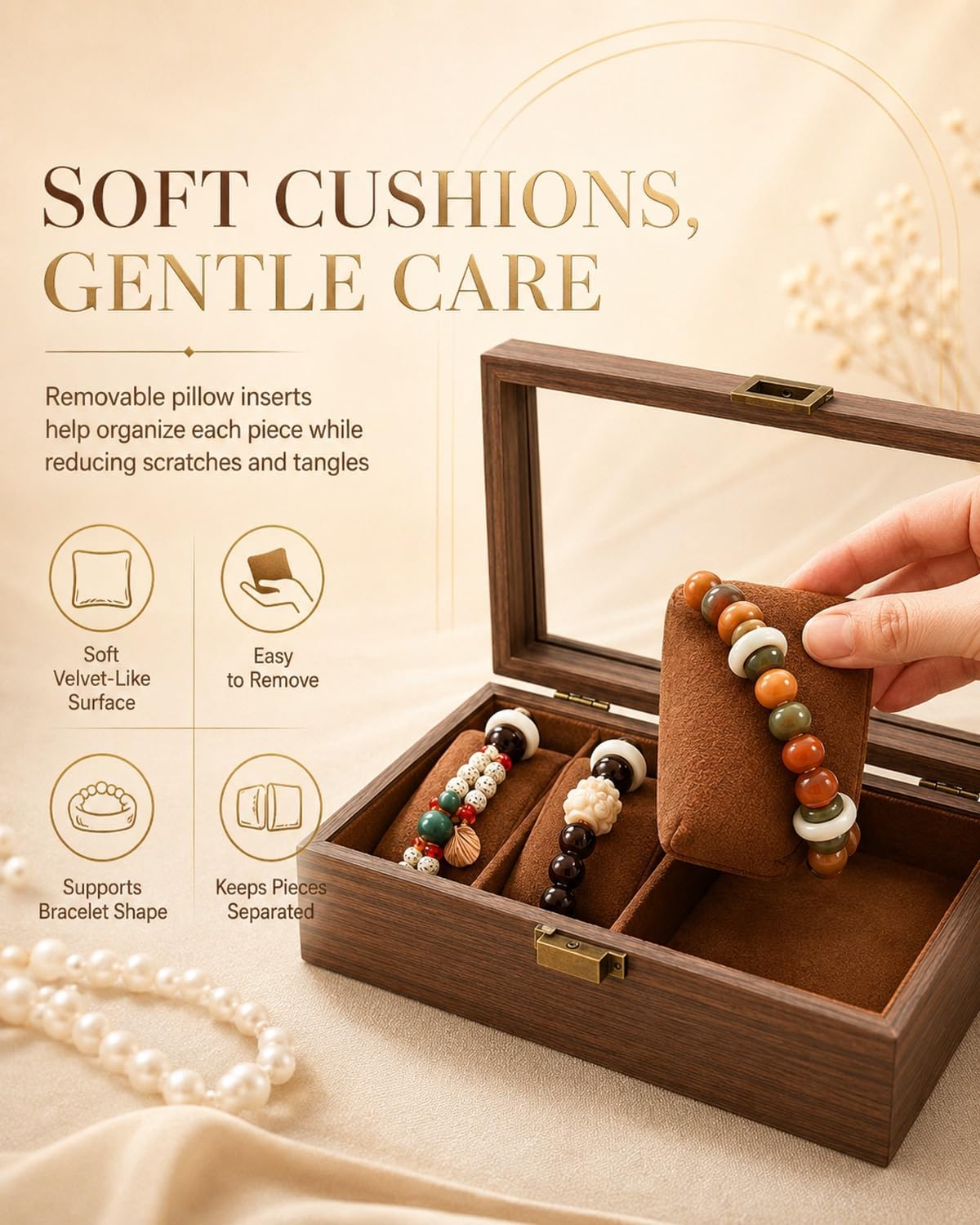 Bracelet Holder Display Wooden Jewelry Organizer Box Lid Bangles Watches | Bangle Storage Case with Velvet Cushions