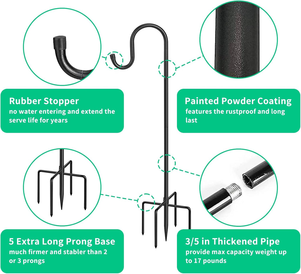 5-Prong Shepherd Hooks for Outdoor 2 Pack Heavy Duty Iron Garden Hooks for Hanging Plants, Bird Feeders, Lanterns