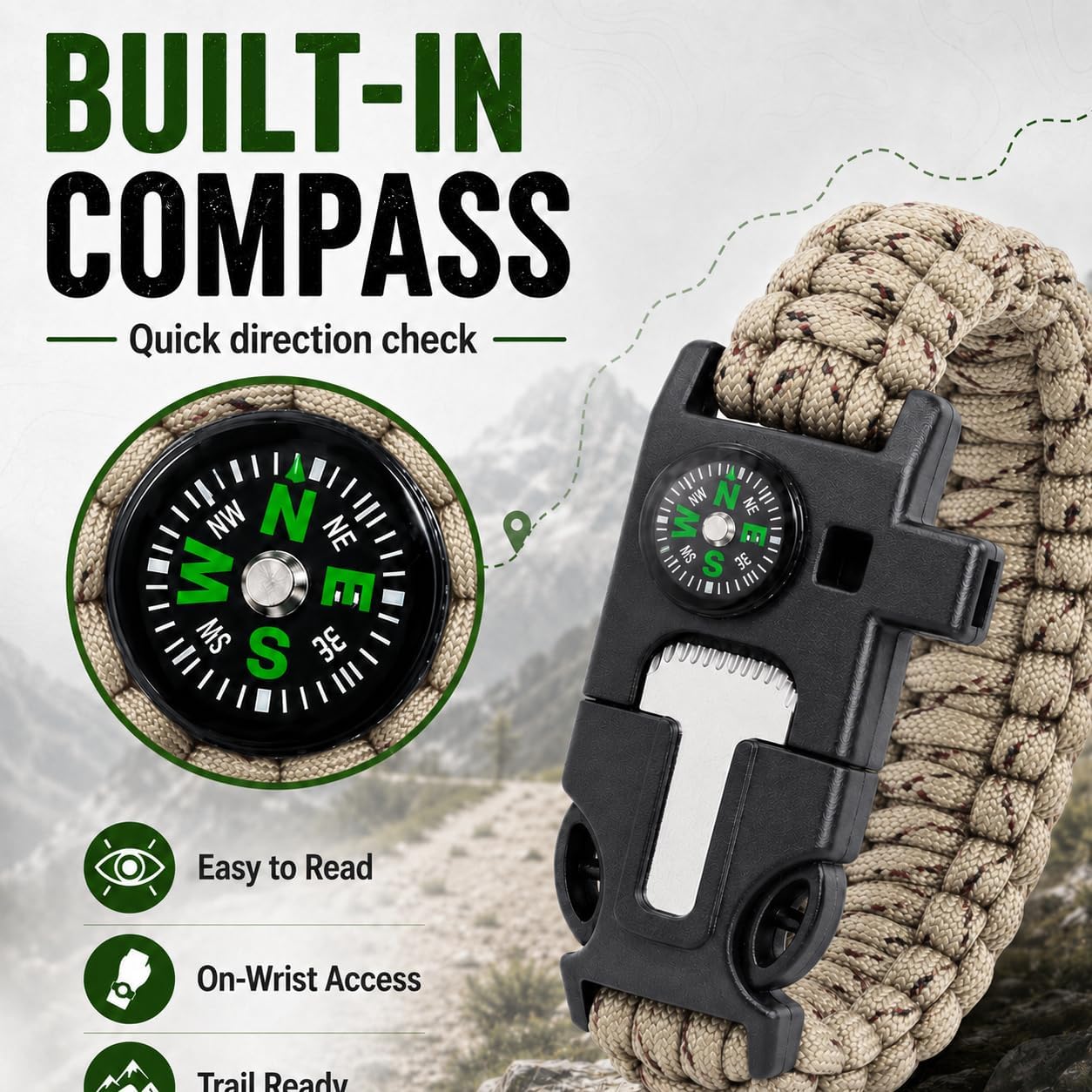 Sports Whistle, 6-in-1 Survival Whistle with Compass & Fire Starter | ABS Plastic & Paracord, Compact Wristband
