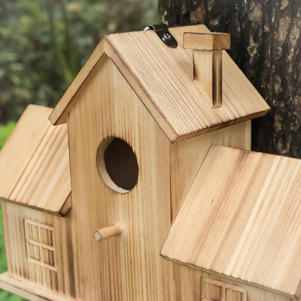 Bird Houses for Outside 3 Hole Bird House Room for 3 Bird Families Outdoor Bluebird Finch Cardinals Wooden Hanging