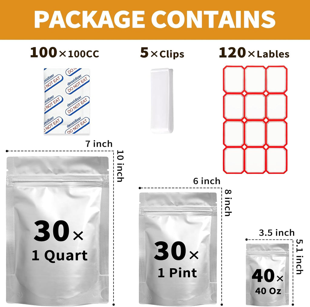 Mylar Bags with Oxygen Absorbers for Food Storage, 100cc, 100 PCS | 100cc absorbers + 3-size Mylar bags