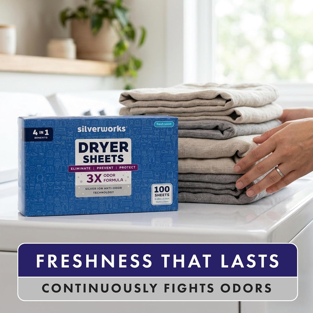 SilverWorks Dryer Sheets Laundry - Odor Eliminating Dryer Sheets with Silver Ion Technology - Softens, Fights Static