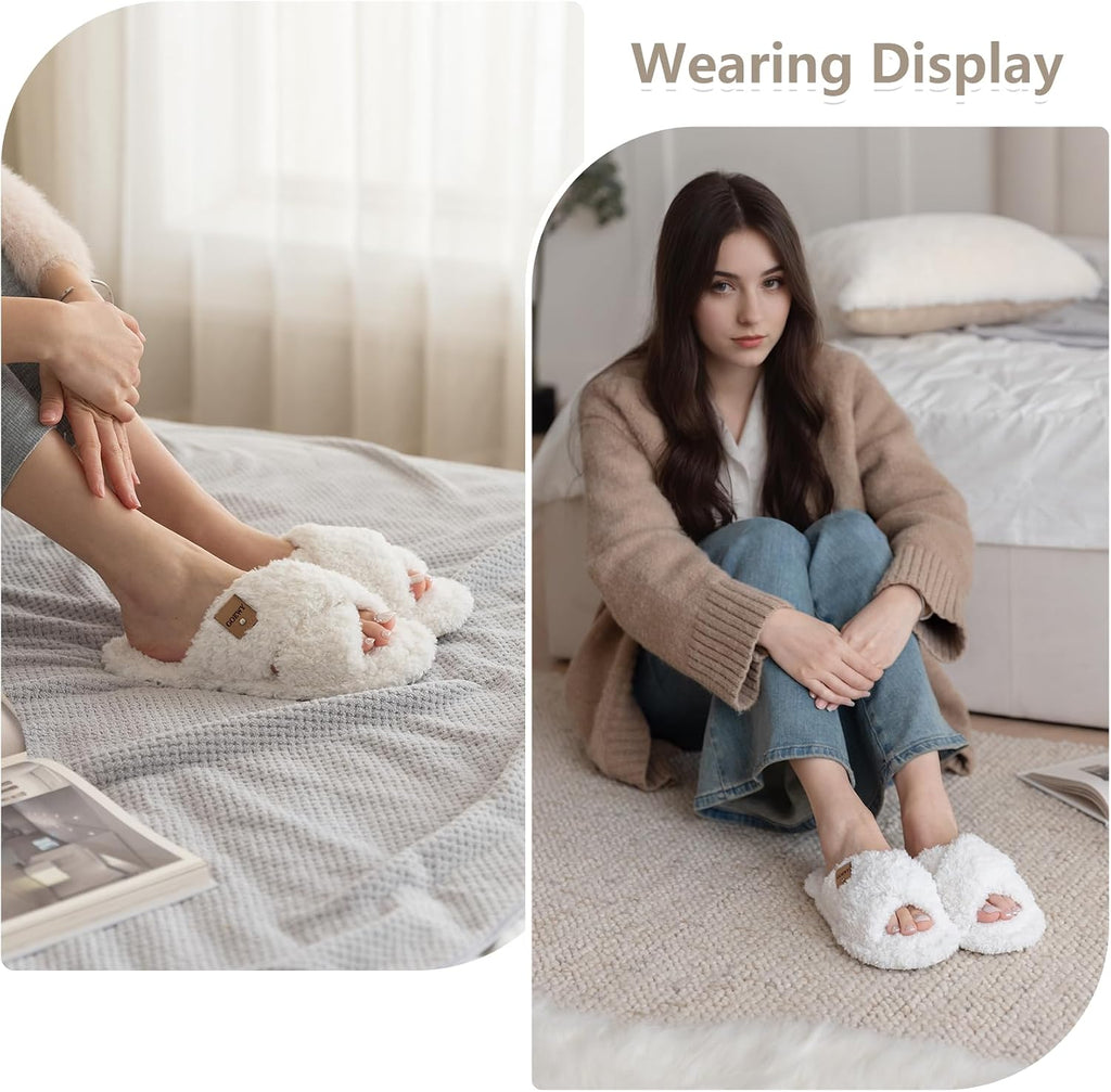 Fuzzy Open Toe Slippers for Women Cozy Memory Foam House Shoes Indoor | Cute Cross Band,Soft Faux Fur,Anti-slip Sole