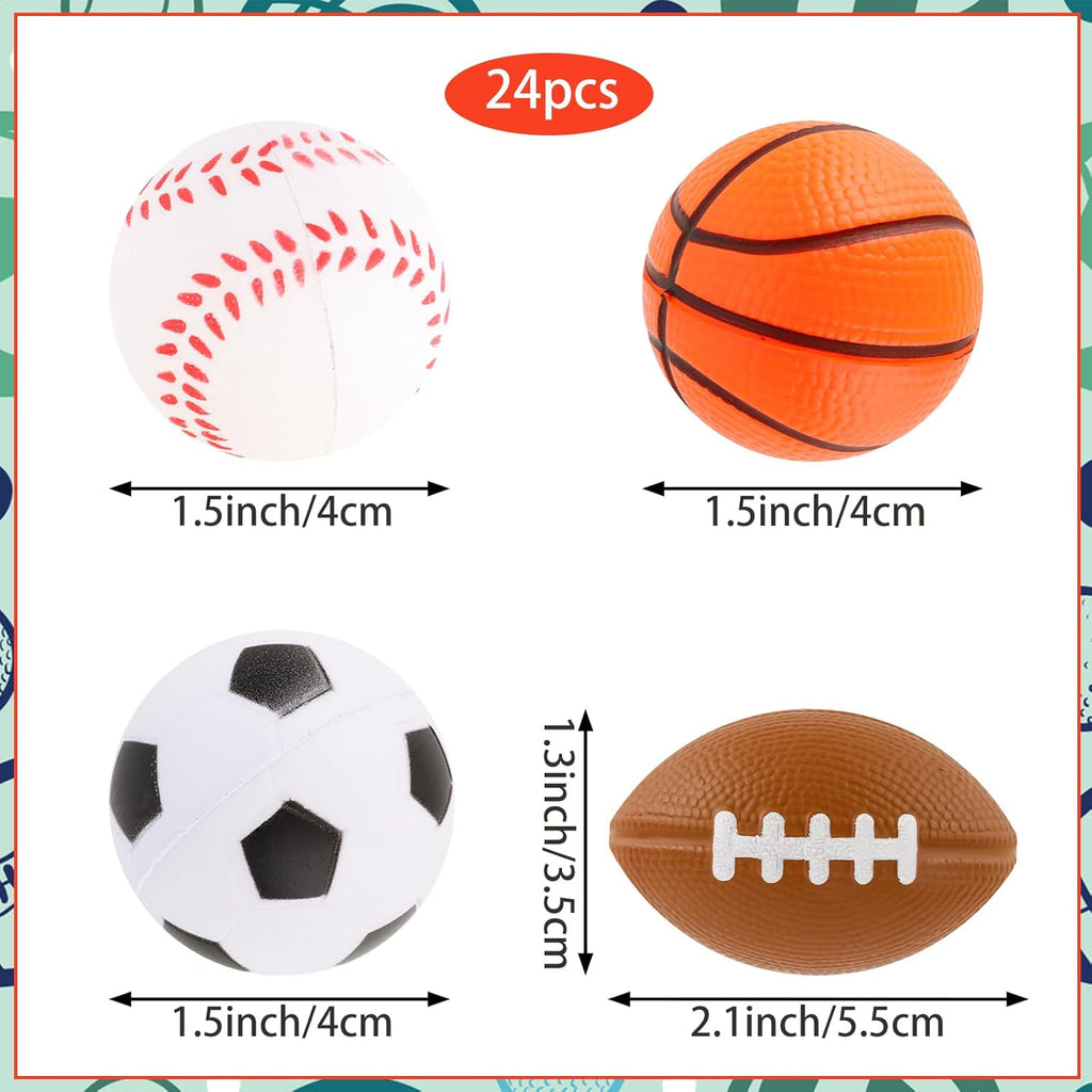 Mini Sports Balls 24 Pack Sports Stress Ball Party Favors for Kids Mini Foam Baseball Football Soccer Basketball