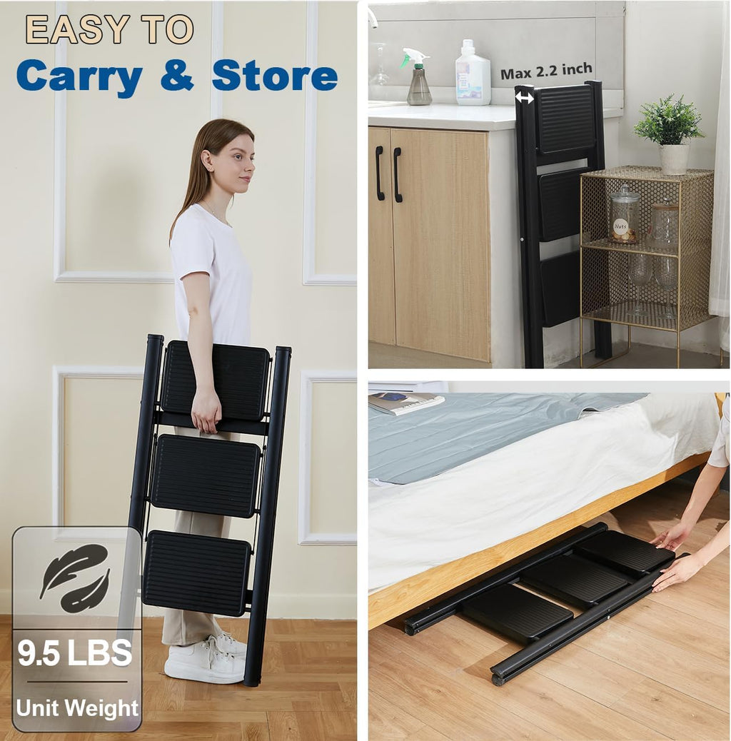 Folding 3 Step Ladder, Sturdy 330 Lbs Load Small Step Stool for Adults, Safer Full Steel Multi-use Kitchen Ladder for