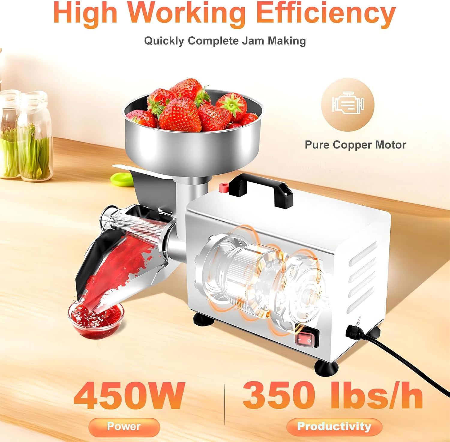 Electric Food Mill for Tomato Sauce,110-350 lbs/h Output, Commercial Grade Tomato Strainer with Funnel, 304 Stainless