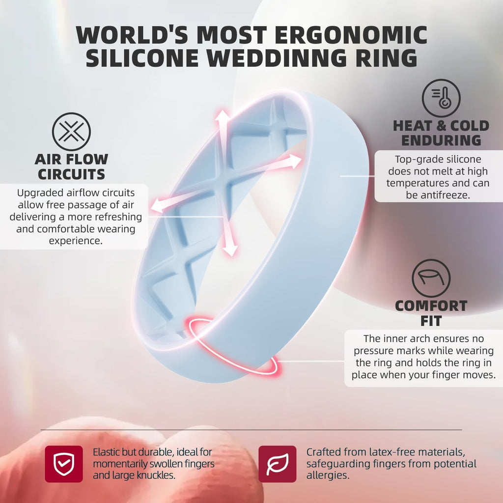 Women's Engagement Rings, Silicone Inner Arc Ergonomic Breathable Design with half sizes, Rubber Wedding Band