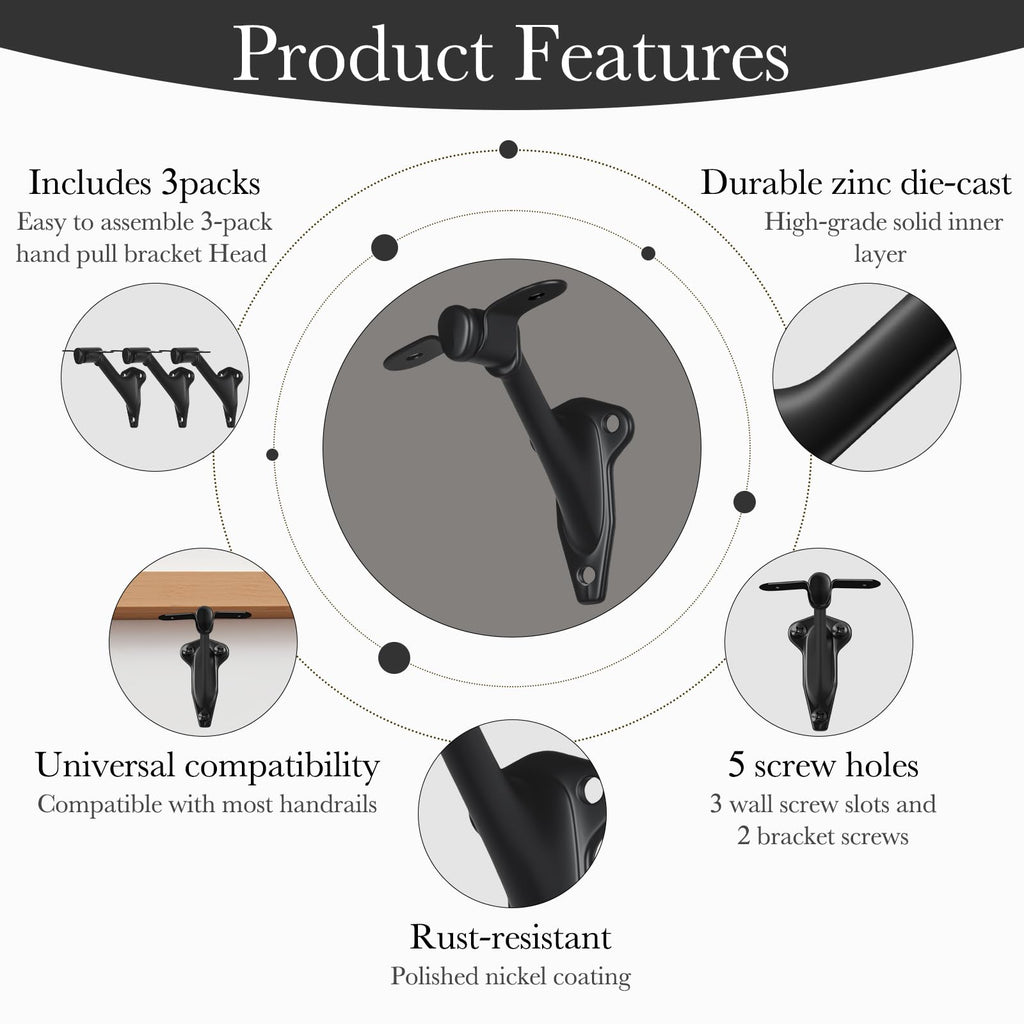 Handrail Bracket for Stairs, Matte Black, 3 Pack