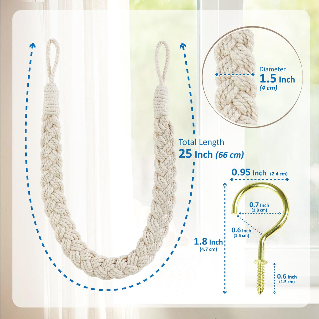 Hand-Braided Cotton Curtain Tiebacks with Wall Hooks, Boho Window Curtain Tie Back Holdback, 25 inch Extra Long Rope