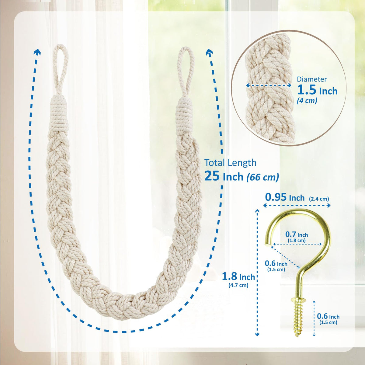Hand-Braided Cotton Curtain Tiebacks with Wall Hooks, Boho Window Curtain Tie Back Holdback, 25 inch Extra Long Rope