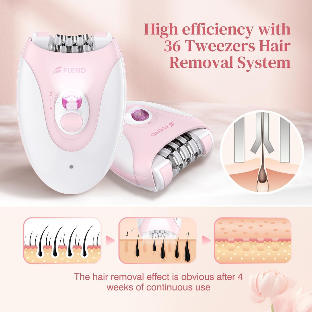 Smooth Glide Epilator for Women, Gentle 2-Speed Hair Removal Device with LED Light, 36 Tweezers & Massage Pad