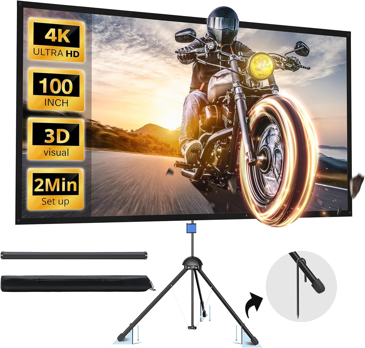Projector Screen with Stand, Paris RHÔNE 100-inch Outdoor Indoor Projector Screen 16:9 4K HD PVC, 1.5 Gain Portable