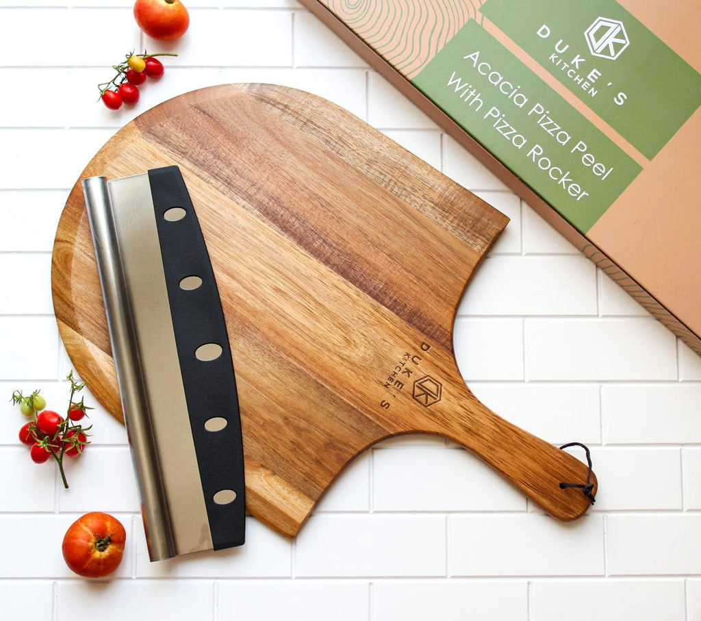 Premium Acacia Pizza Peel (Extra Large) and Rocker Blade Pizza Cutter Set, Pizza Peel 16 inch, Gourmet Wooden Pizza