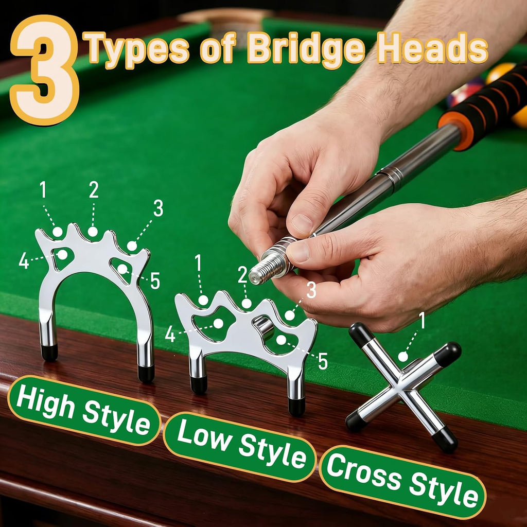 Retractable Pool Cue Bridge, Billiards Cue Rest with 3 Pieces Removable Alloy Bridge Head, Snooker Pool Cue Bridge