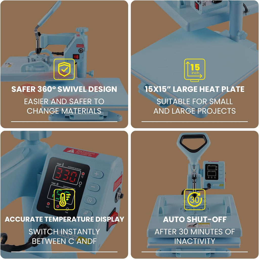 Heat Press, 15X15 Heat Press Machine with 11-30oz Tumbler/Mug/Hat Press, 360° Swing Away Digital Shirt Press, Slide