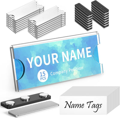 Magnetic Name Tags Kit, 15 Pack Reusable Magnetic Badge Holders with Strong Magnet Backing Clear Acrylic Frame for