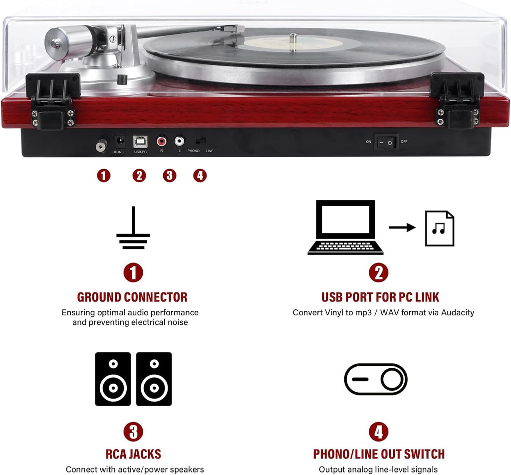 Belt Drive Turntable for Vinyl Record Player and Bluetooth Output(Red) | Built-in Phono Preamp,USB Digital