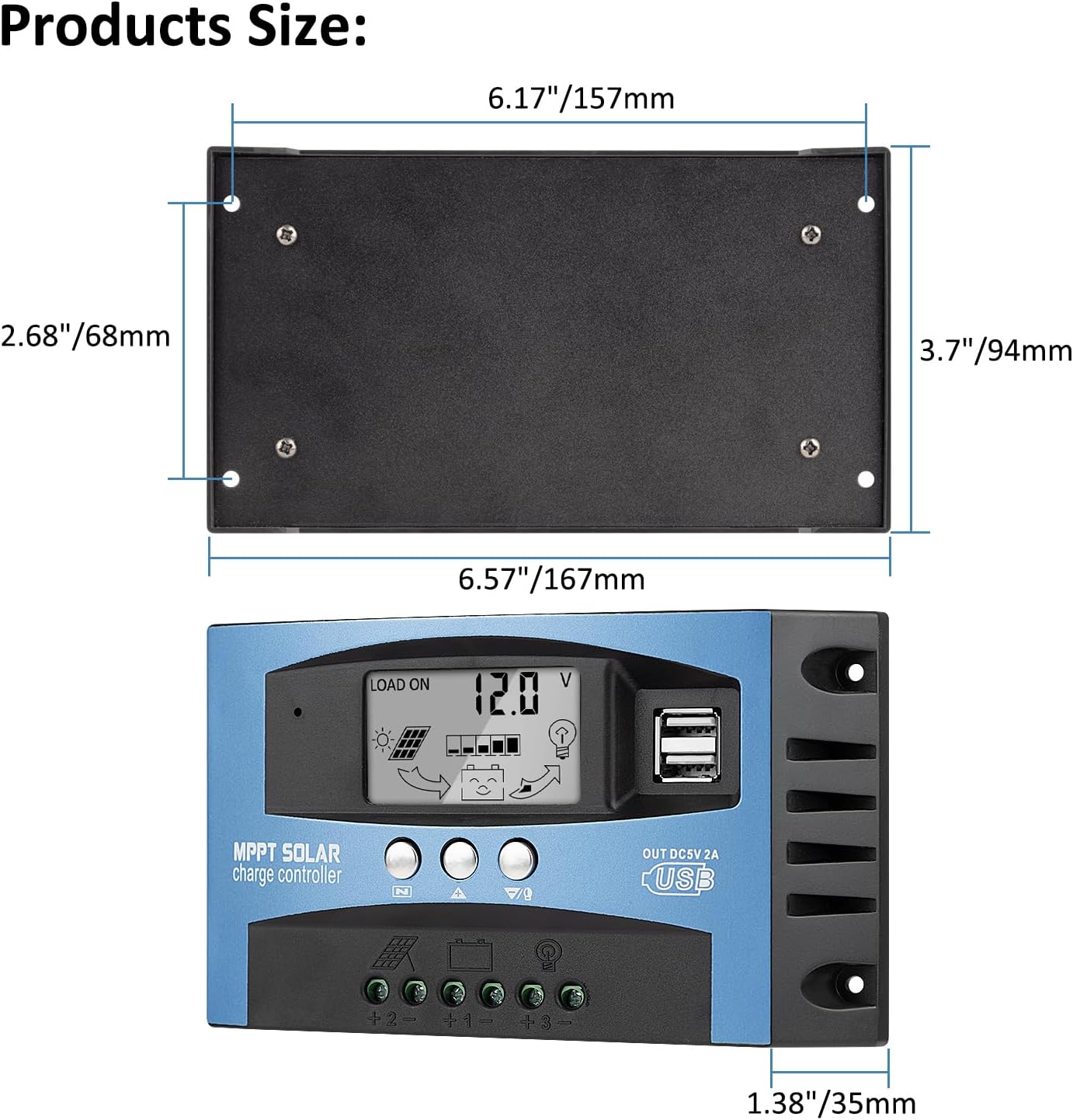 60A MPPT Solar Panel Charging Controller, 12V/24V Auto Solar Battery Charger Controller with LCD Display, Dual USB