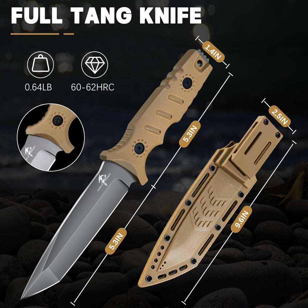 Full Tang Fixed Blade Tactical Knife with Sheath | Survival Knife with Ergonomic Khaki Handle, Built for Bushcraft