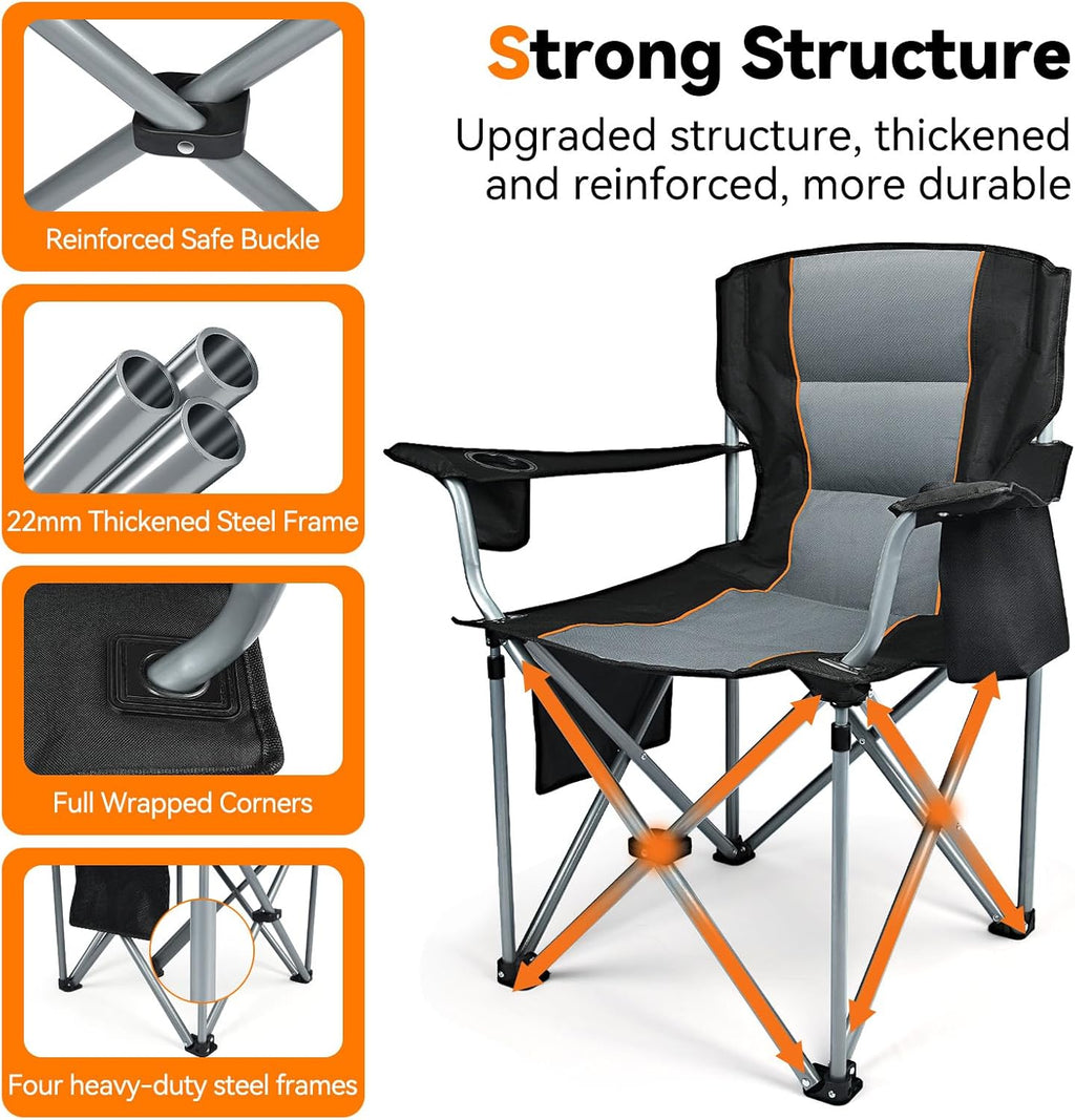Camping Chairs, 2 Pack Oversized Heavy Duty Fully Padded Folding Chairs | with Cup Holder, Cooler Bag and Side